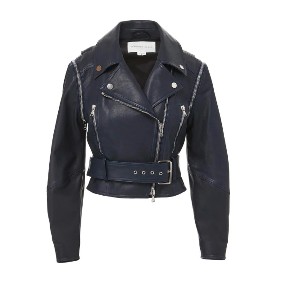 Veronica Beard Jylan Leather Moto Jacket Navy Dark Blue Lambskin Size 2 NWT